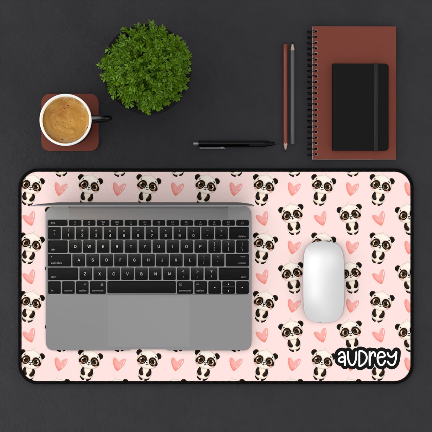 Cute Panda Desk Mat, Cute Kawaii Pink Desk Mat, Mouse Pad for Home Office, Gaming, Gifts for Animal Lovers, Cute Decor, Pink and Black Design