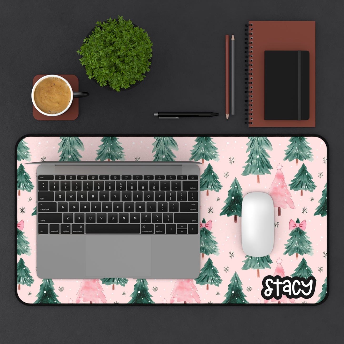 Christmas Trees with Pink Bows Desk Mat | Pink Christmas Desk Mat