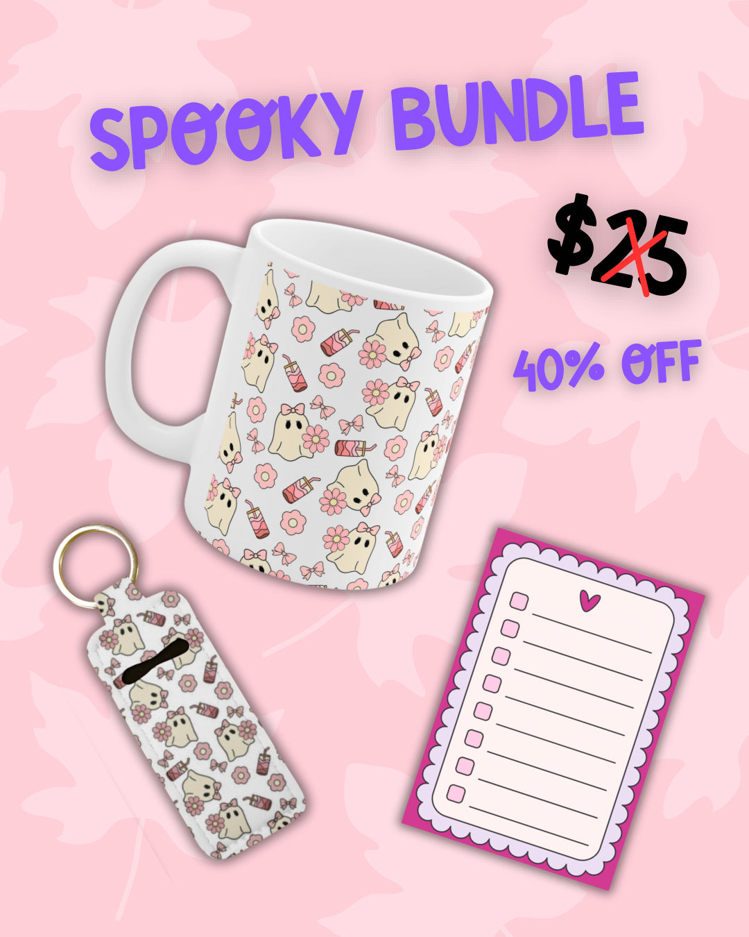 Add bundle to fall/spooky desk mat collection order to get it for 40% off - mug + keychain matching your fall/spooky desk mat design + best seller to-do list note pad (discount applied at checkout)