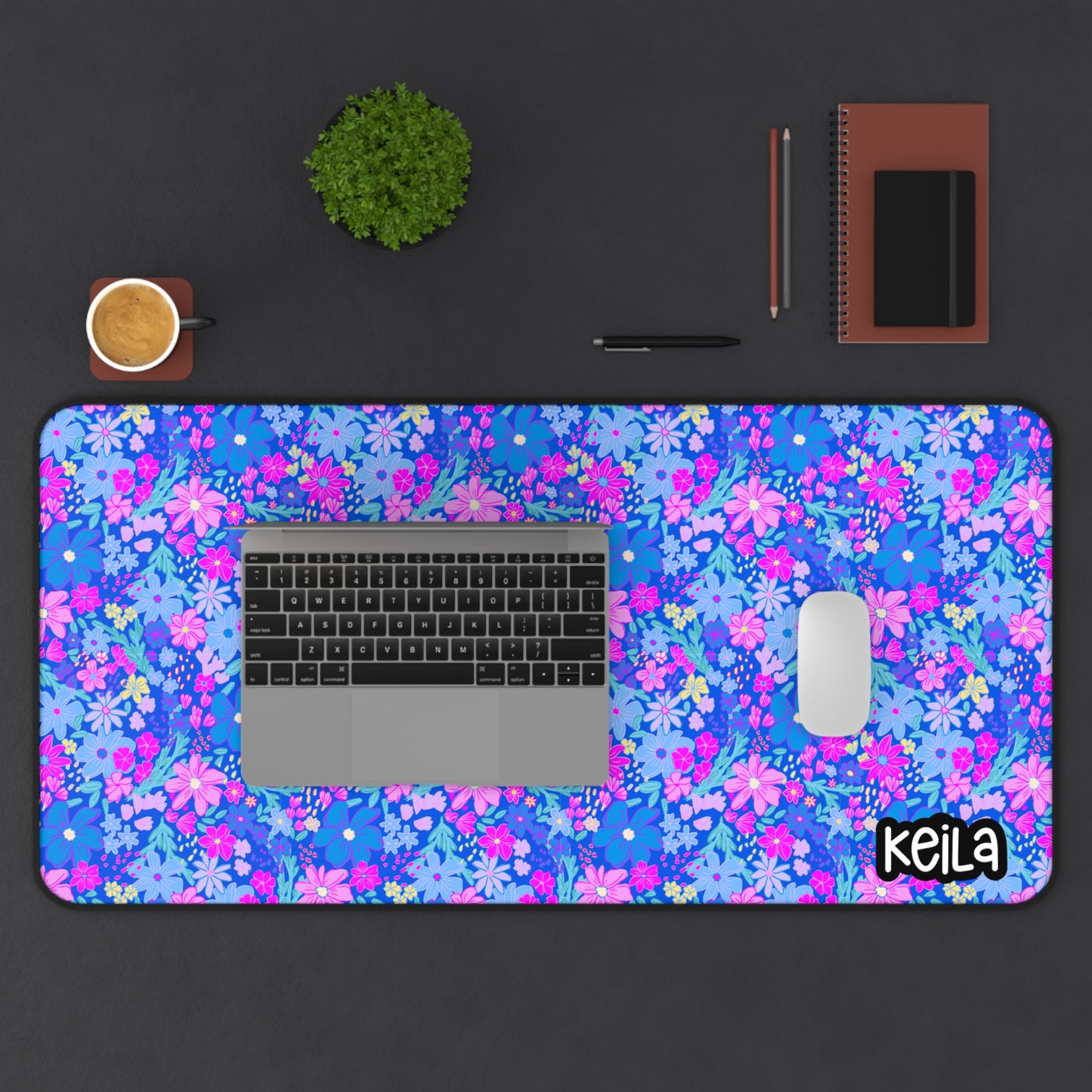 Personalized Cute Vibrant Color Floral Desk Mat Blue & Pink| Cute Desk Pads