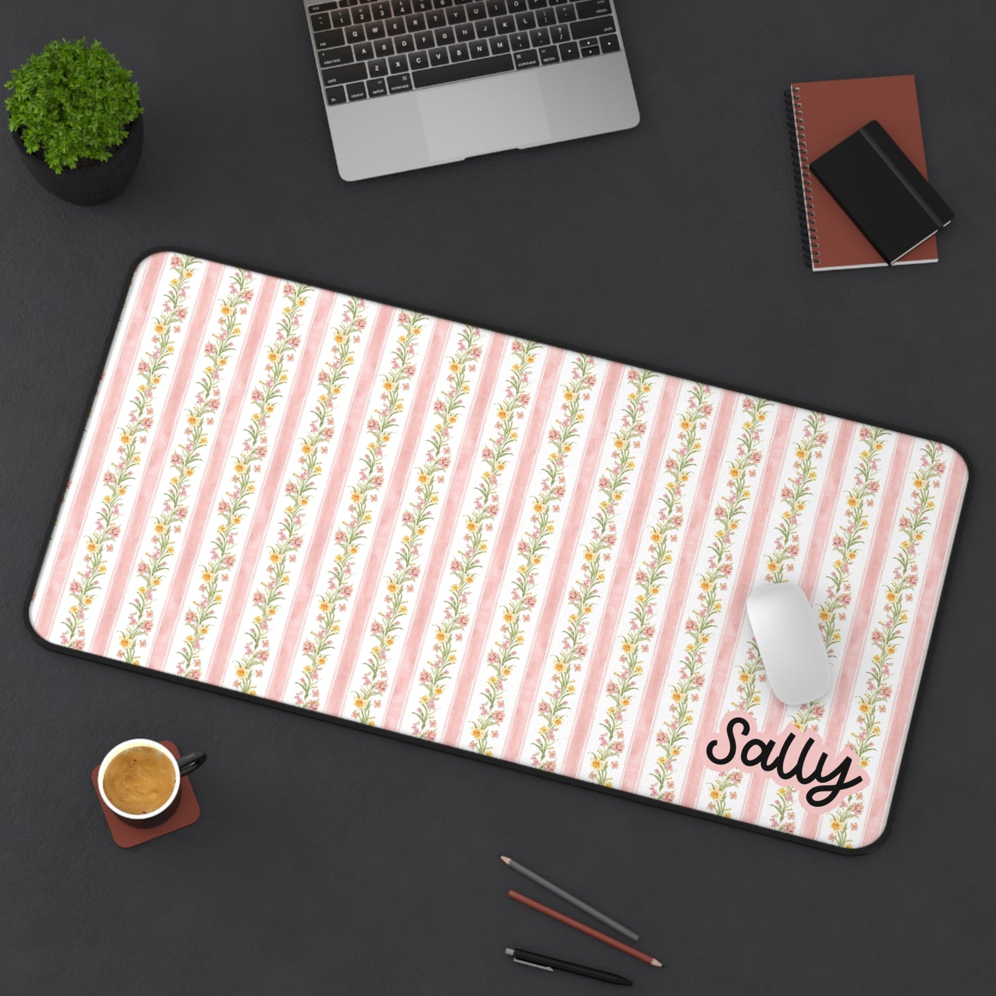 Personalized Cottagecore Coquette Soft Pink Floral Desk Mat - Custom Name Office Decor