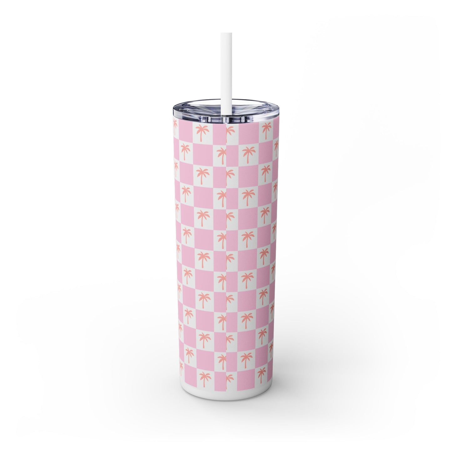 Personalized Tropical Palm Pink Skinny Tumbler with Straw - 20oz, Customizable Keila Design