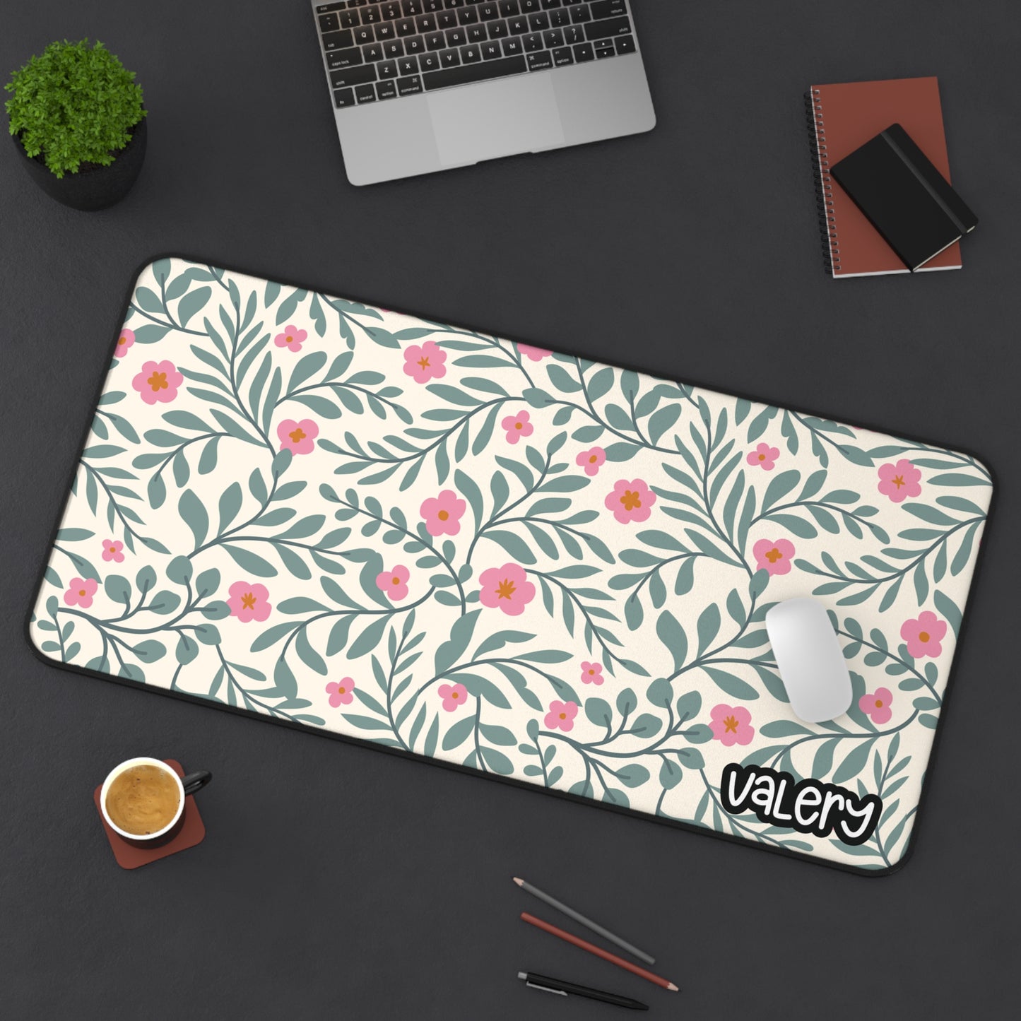 Personalized Desk Mat | Green Leaves and Flowers Desk Mat | Cute Desk Pads