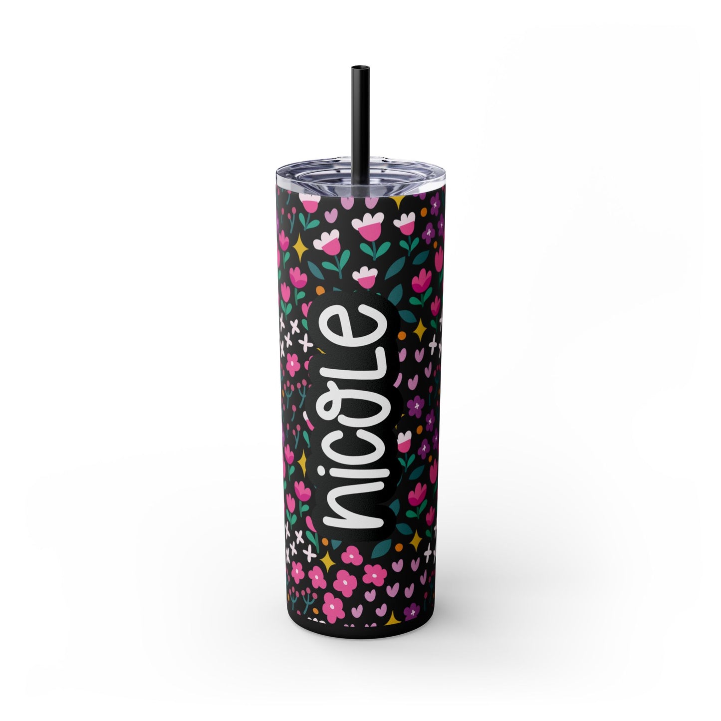 Personalized Floral Skinny Tumbler with Straw, 20oz