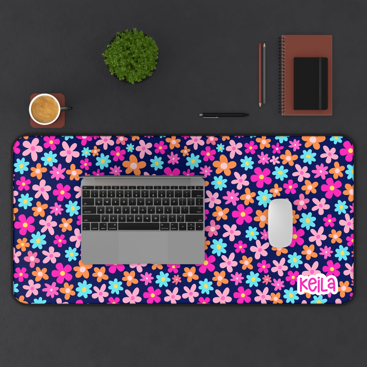 Colorful Floral Desk Mat Navy Blue- Vibrant Office Decor for Home and Work