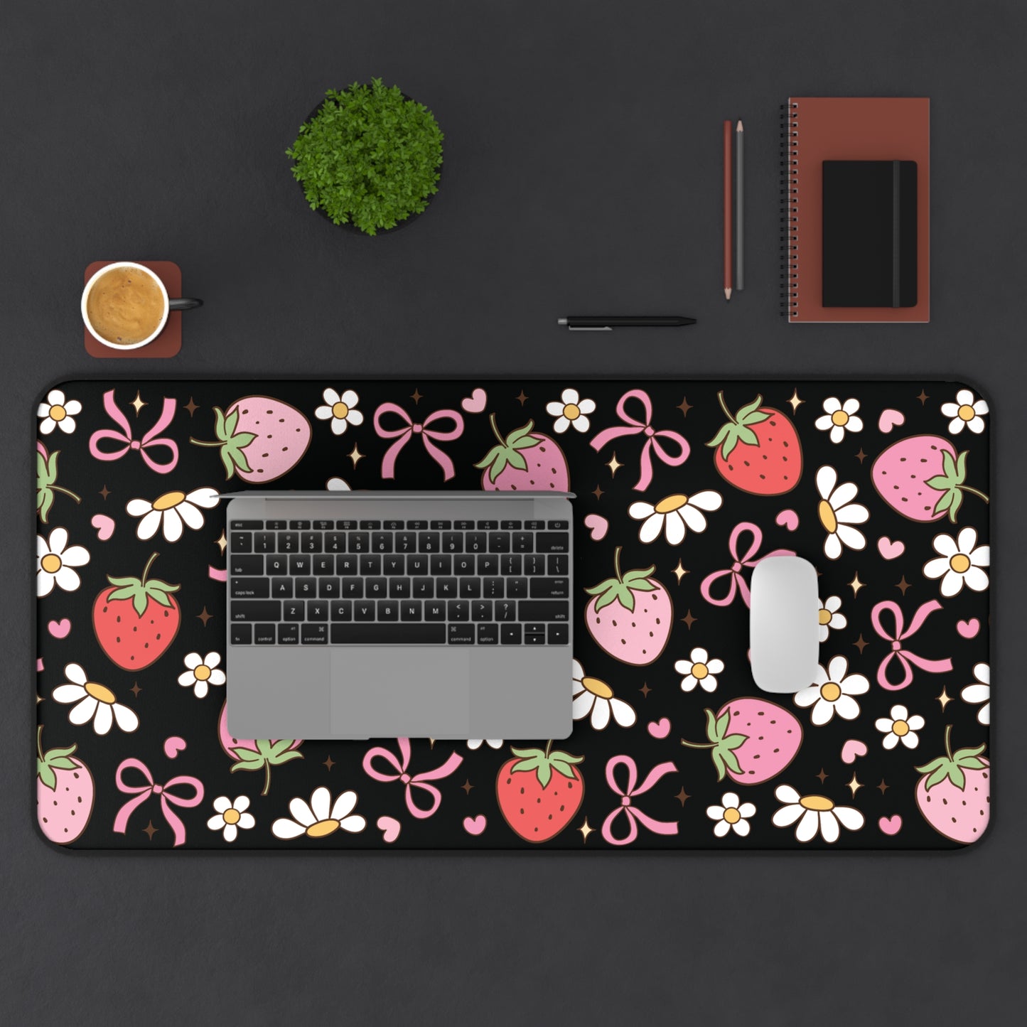 Spring Flowers and Strawberries Desk Mat | Cute Desk Pad