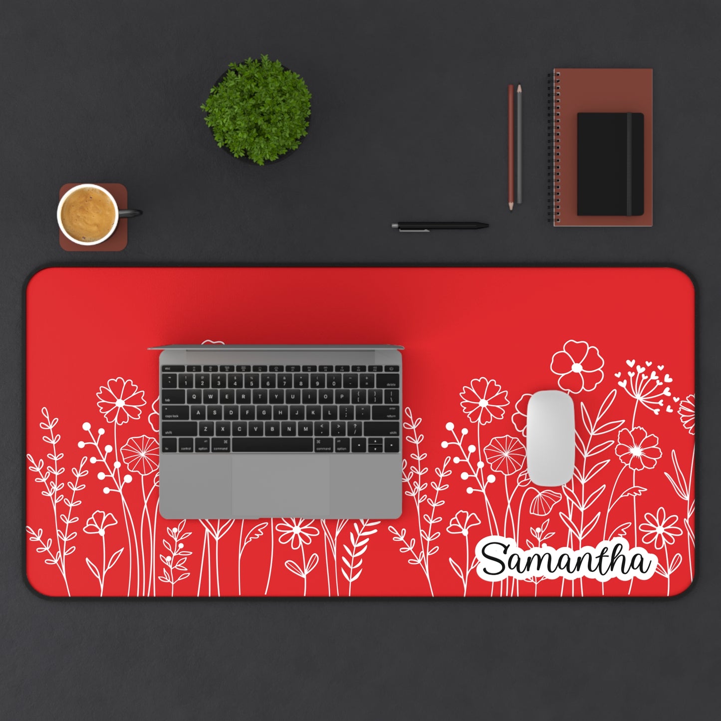 Minimalist Flower Field Personalized Desk Mat Red | Personalized Desk Mat | Cute Desk Pad