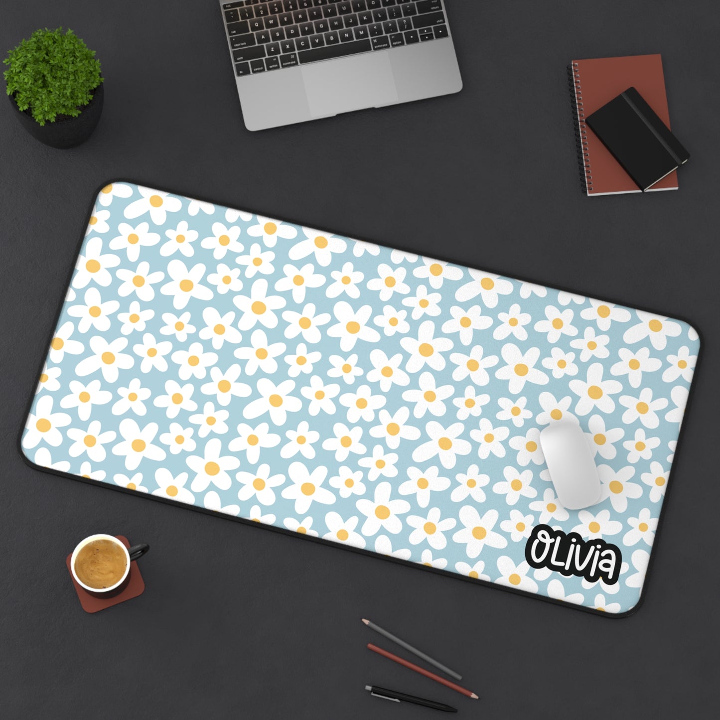Personalized Daisies Floral Desk Mat Light Blue| Cute Desk Pad
