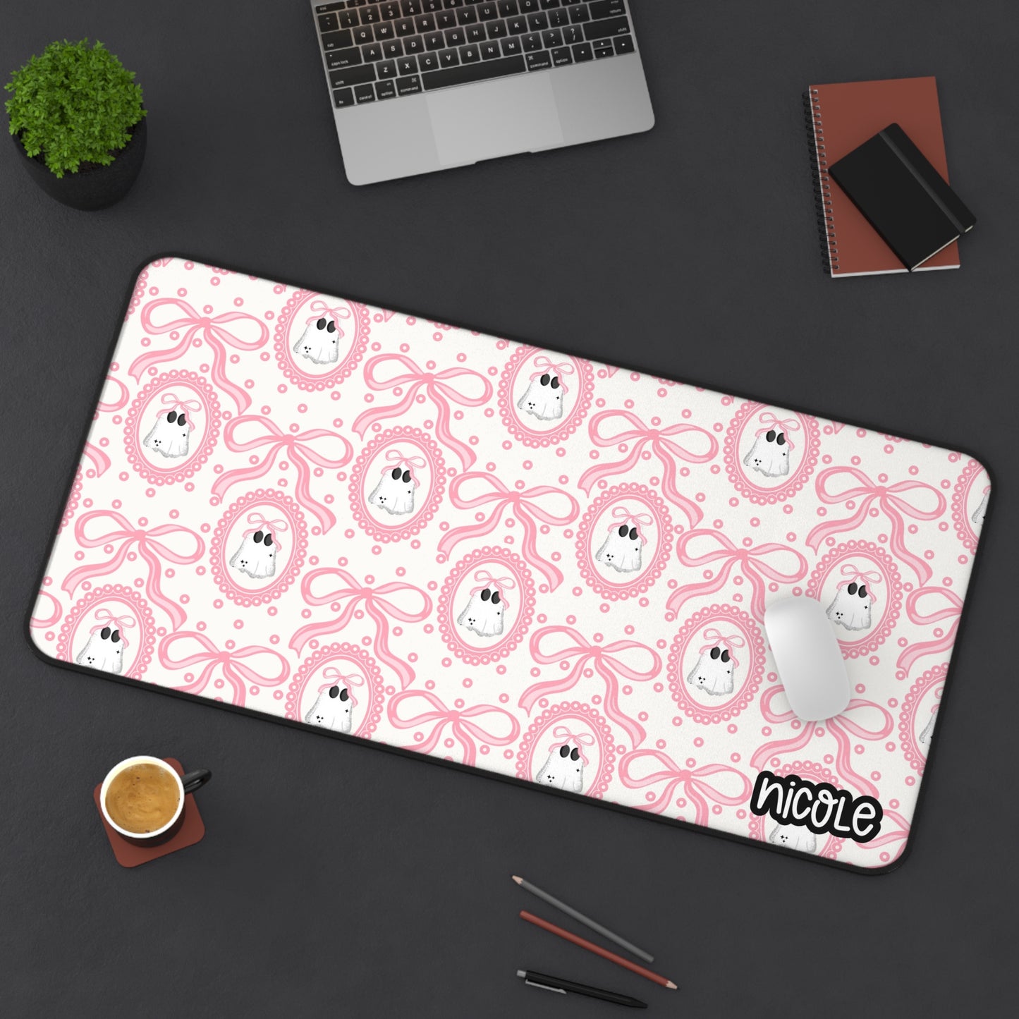 Pink Coquette Ghosty Desk Mat - Sweet Gift for Office Decor, Laptop, Gaming, Home Office, Easter, Spring