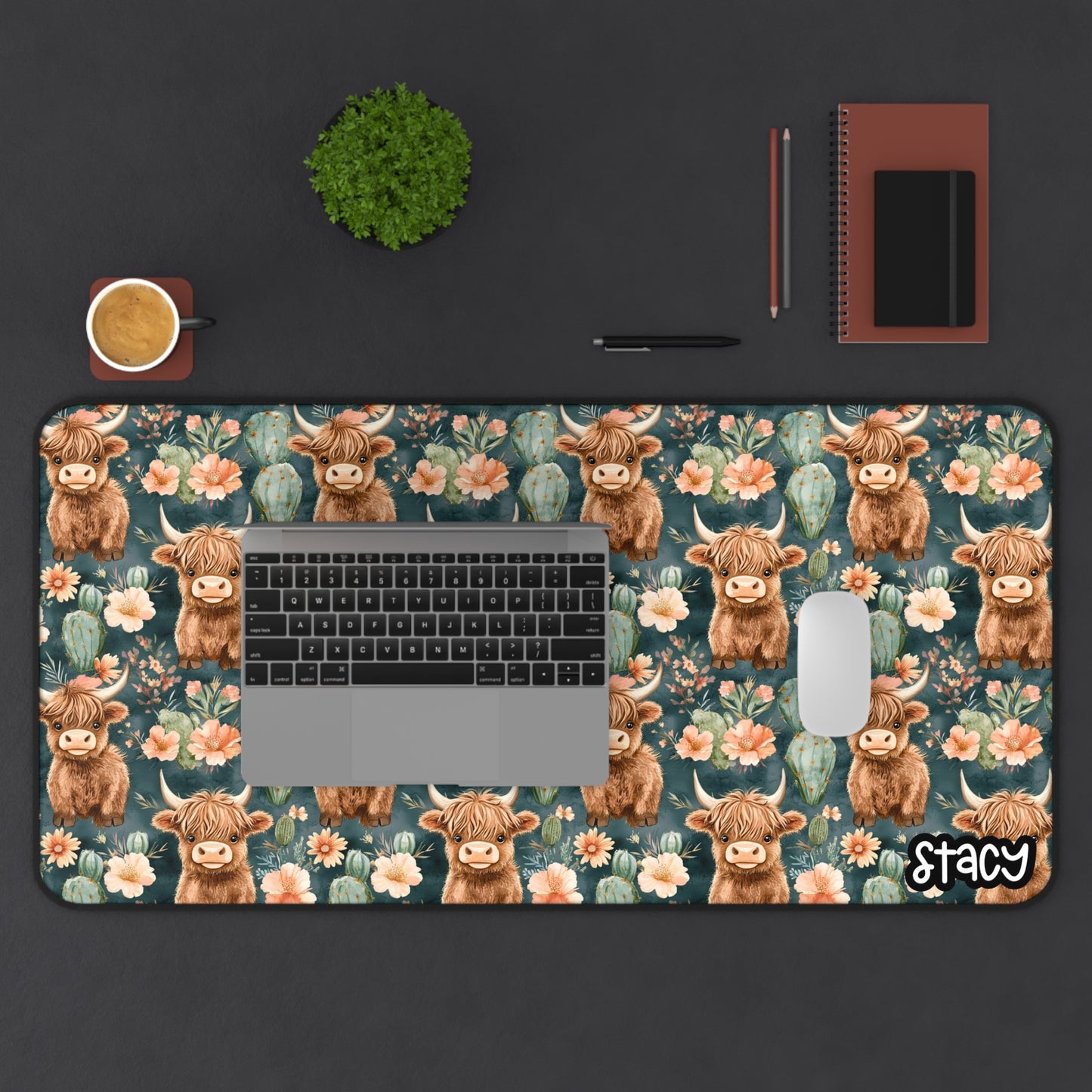 Cute Highland Cow Desk Mat | Floral Mouse Pad, Office Decor, Gift for Cow Lovers, Home Office Accessories, Animal Decor