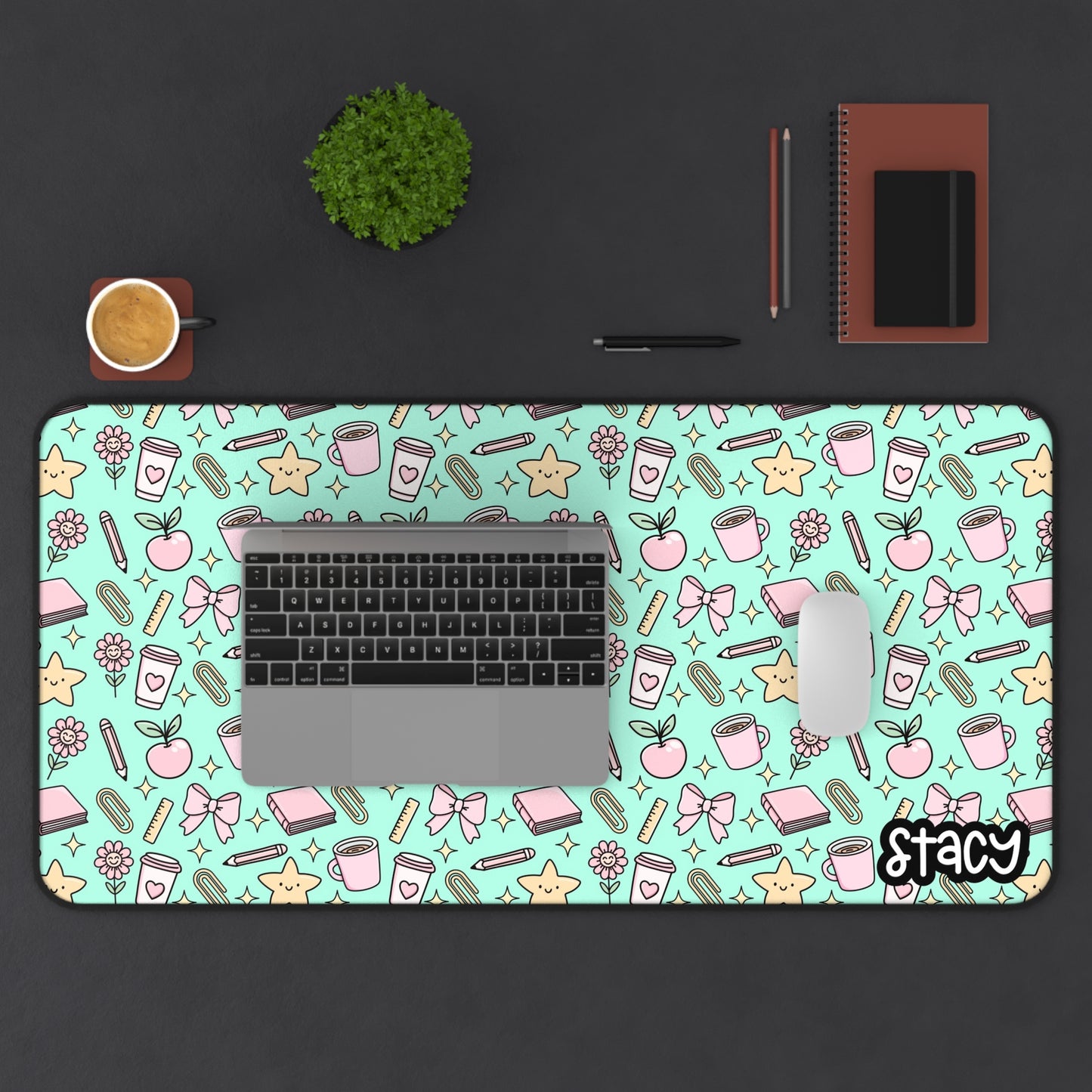 Cute Teacher Desk Mat Teal, Charming Desk Mat with Cute Stationery Design, Office Decor, Custom Desk Accessories, Gift for Students, Aesthetic Work Space