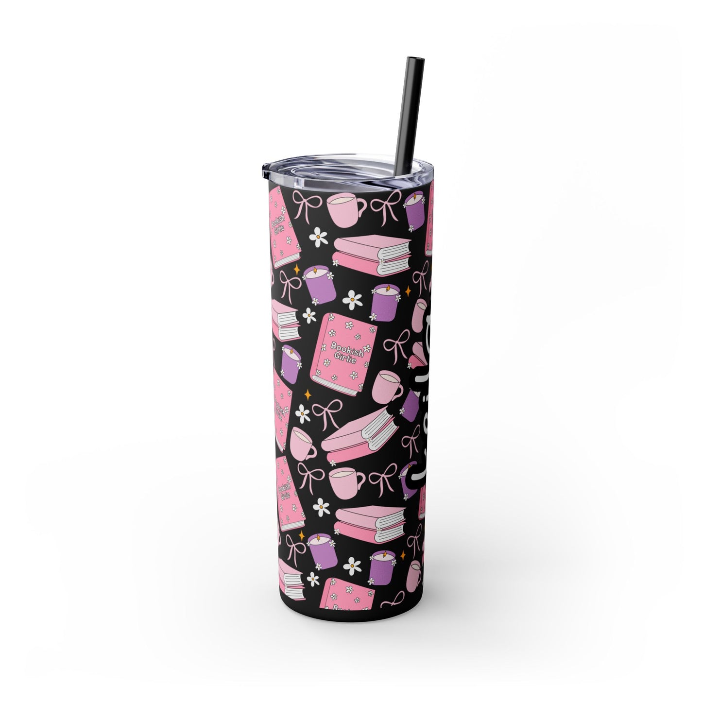 Personalized Bookish Girlie Skinny Tumbler - Black 20oz Tumbler with Straw