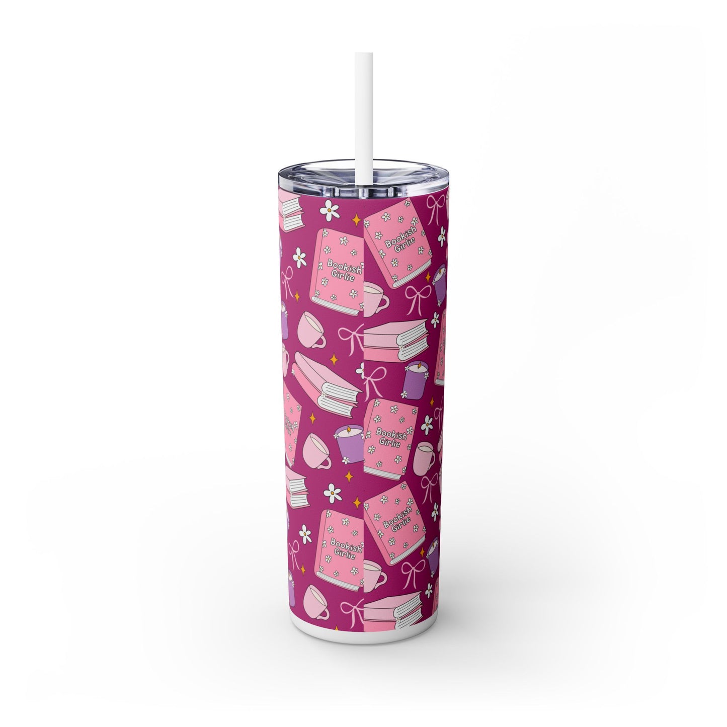 Personalized Bookish Girlie Skinny Tumbler - Pink 20oz Tumbler with Straw