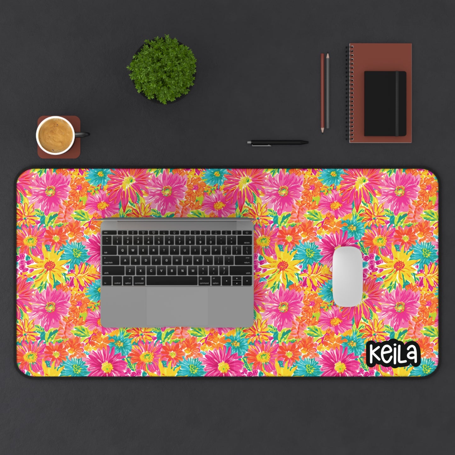 Personalized Cute Vibrant Pink & Yellow Floral Desk Mat | Cute Desk Pads