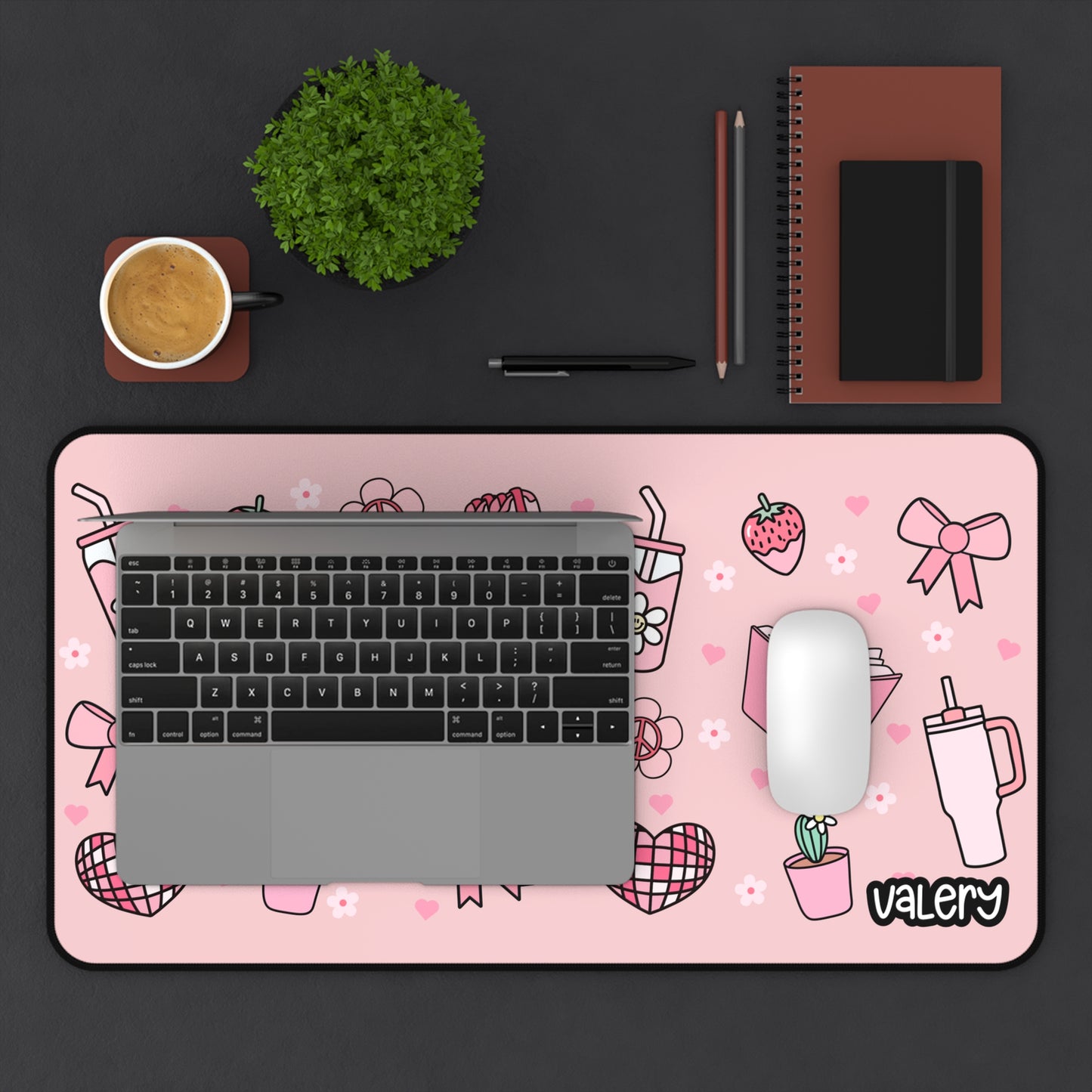 Pink Aesthetic Desk Mat – Personalized Name | Pink Cowgirl Boots, Books, Bows & Blossoms Design