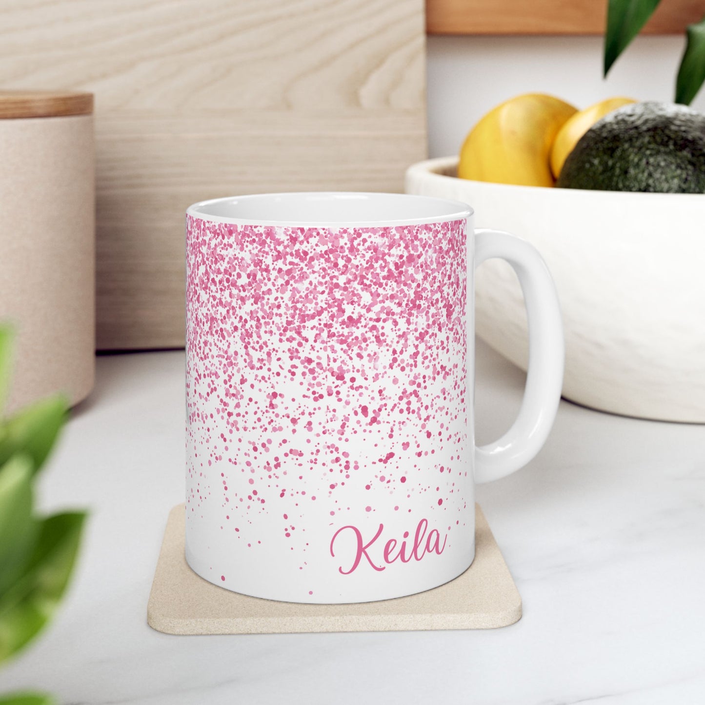 Cute Personalized Pink Glitter Coffee Mug (11oz)