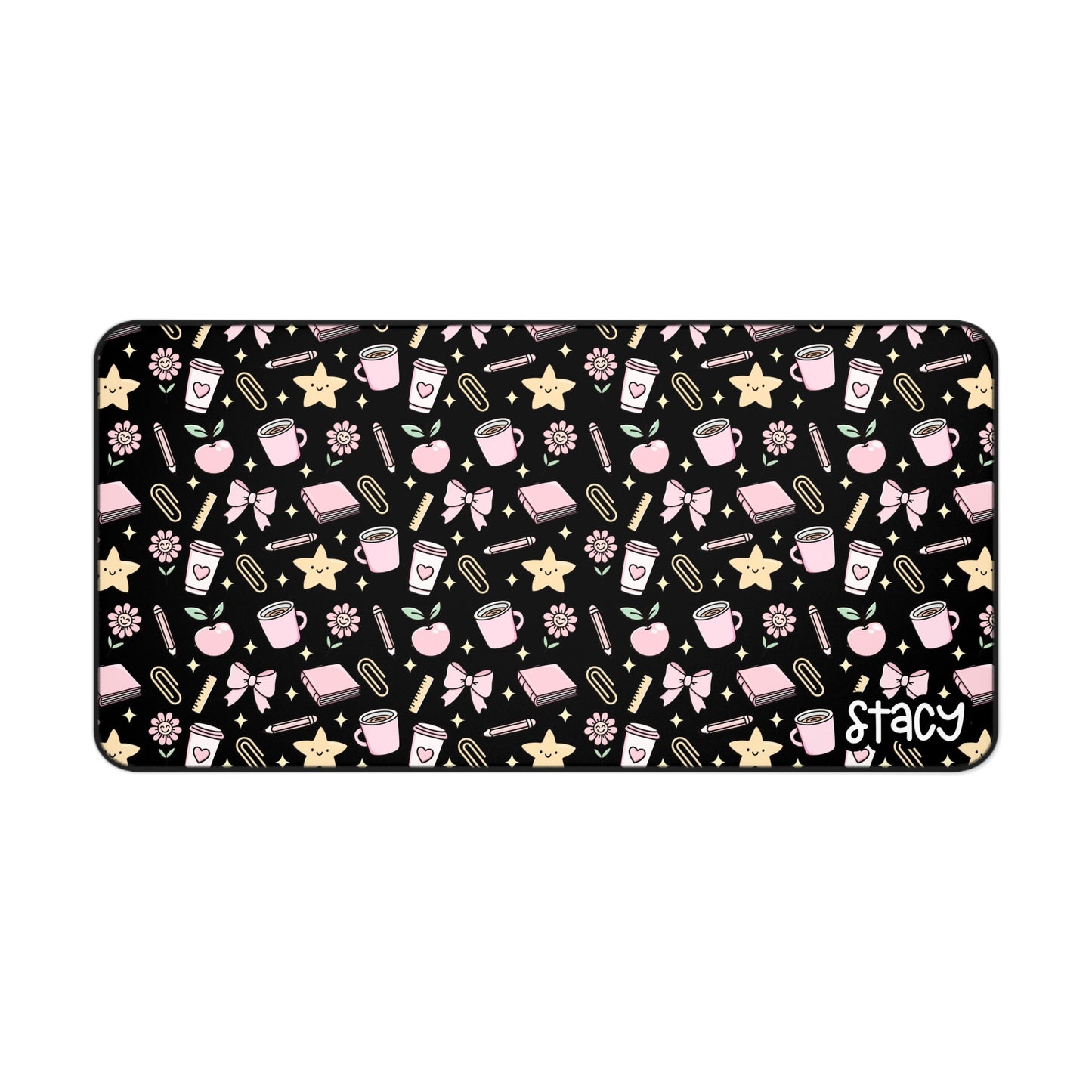Cute Teacher Themed Desk Mat Black, Charming Desk Mat with Cute Stationery Design, Office Decor, Custom Desk Accessories, Gift for Students, Aesthetic Work Space
