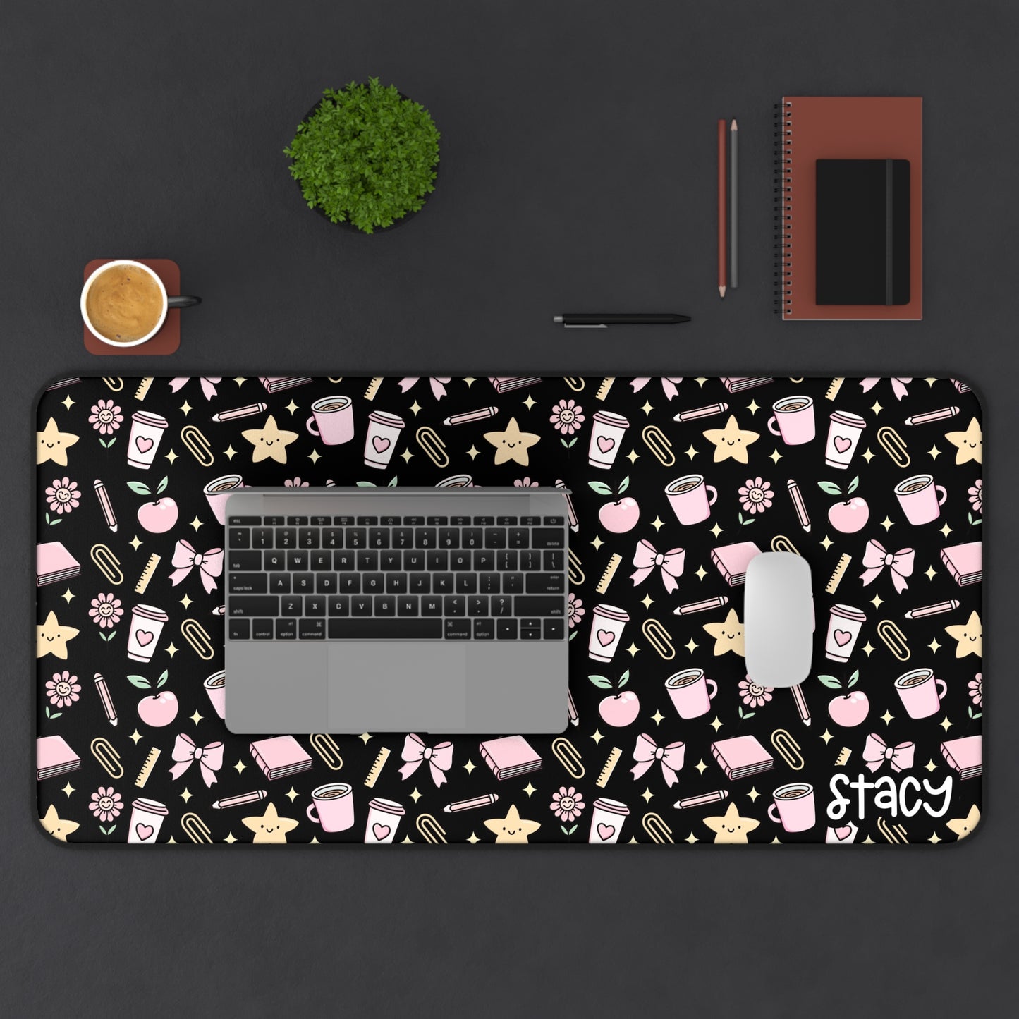 Cute Teacher Themed Desk Mat Black, Charming Desk Mat with Cute Stationery Design, Office Decor, Custom Desk Accessories, Gift for Students, Aesthetic Work Space