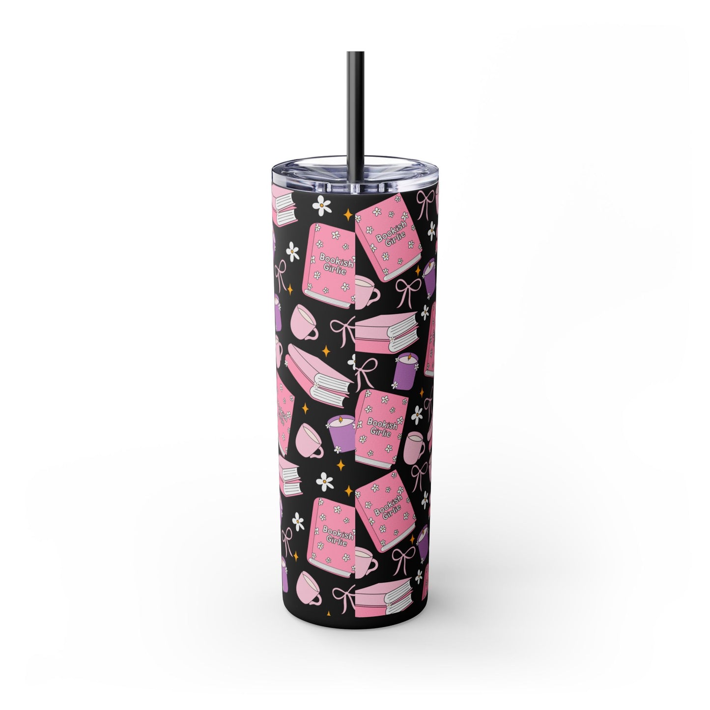 Personalized Bookish Girlie Skinny Tumbler - Black 20oz Tumbler with Straw