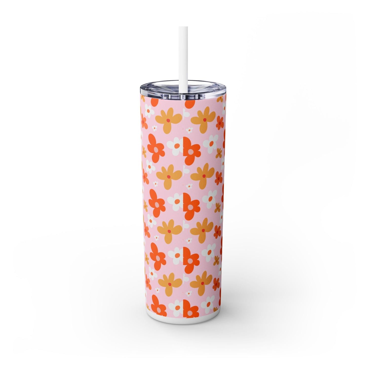 Personalized Floral Skinny Tumbler with Straw - 20oz Travel Cup