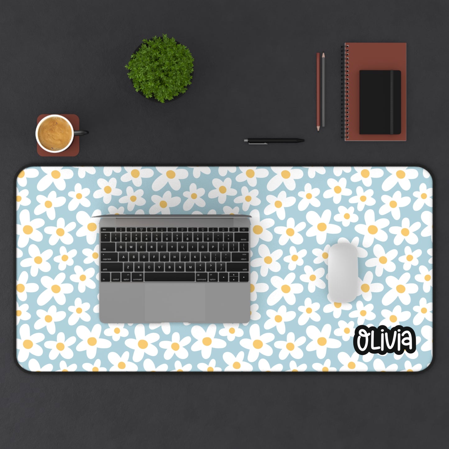 Personalized Daisies Floral Desk Mat Light Blue| Cute Desk Pad
