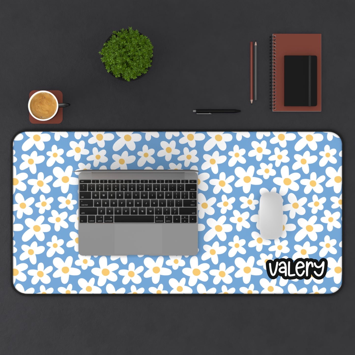 Personalized Cute Daisies Desk Mat Baby Blue| Cute Desk Pad