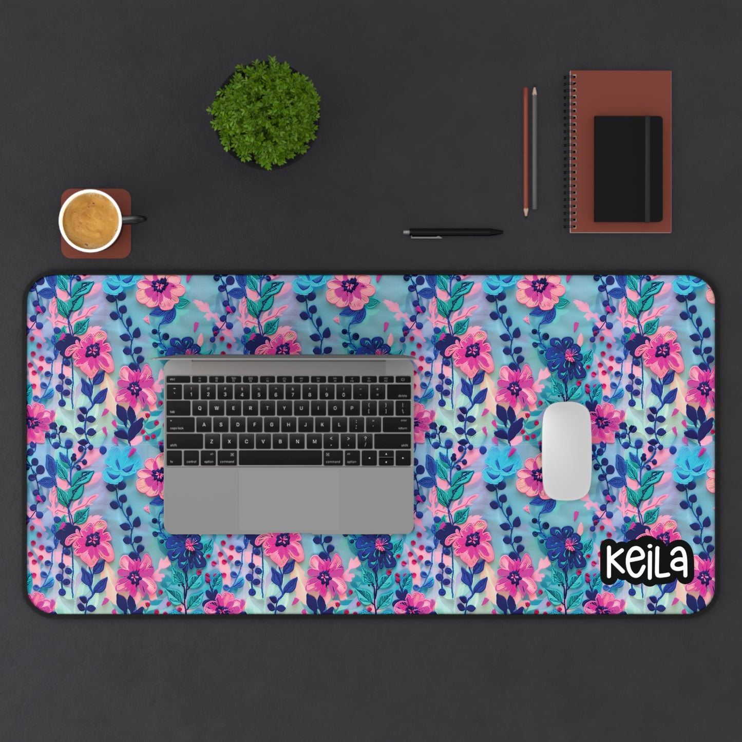 Personalized Blue Floral Embroidered Style Desk Mat | Cute Desk Pads