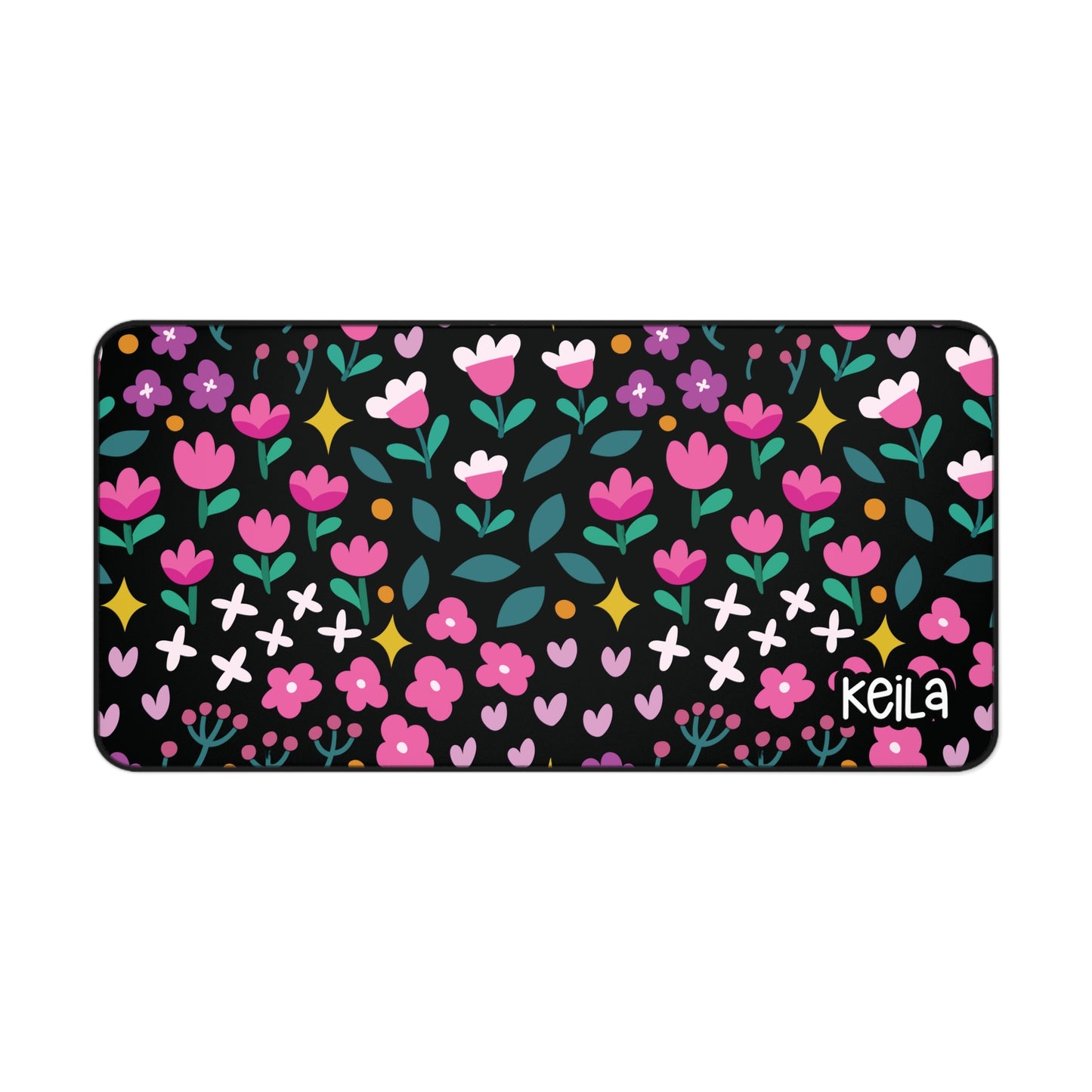 Personalized Cute Black and Pink Floral Desk Mat | Cute Desk Pads