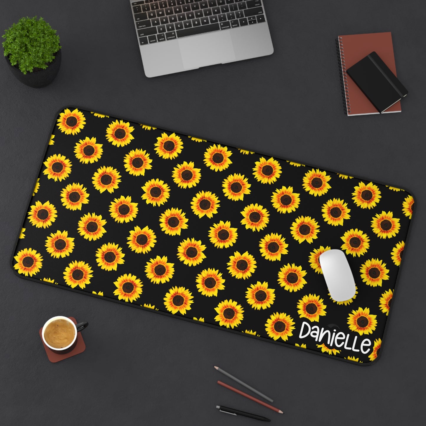 Sunflower Personalized Desk Mat Black - Floral Office Decor