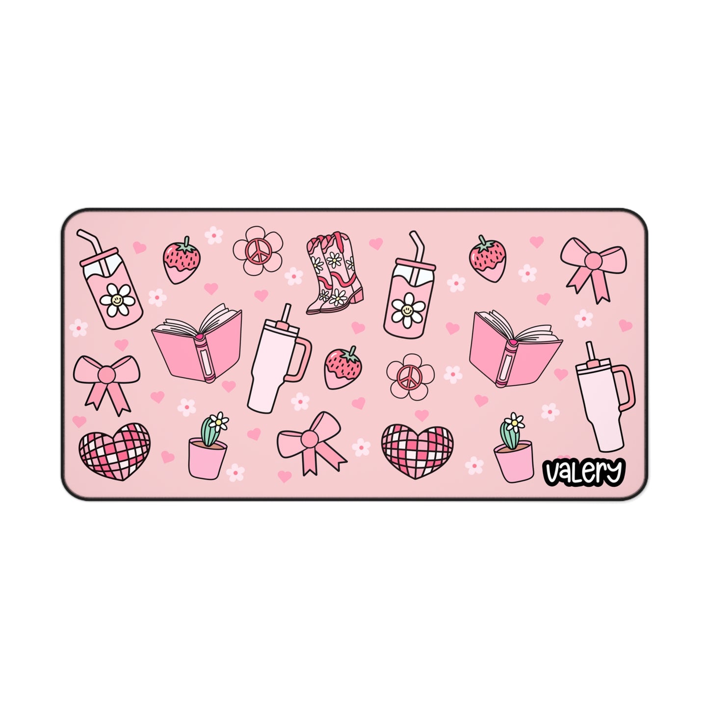 Pink Aesthetic Desk Mat – Personalized Name | Pink Cowgirl Boots, Books, Bows & Blossoms Design