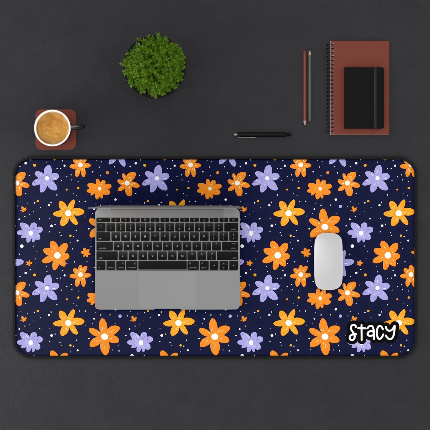 Purple and Orange Floral Desk Mat, Daisies Desk Mat, Vibrant Workspace Decor, Perfect for Student Gifts, Home Office, Flower Pattern, Teacher Appreciation