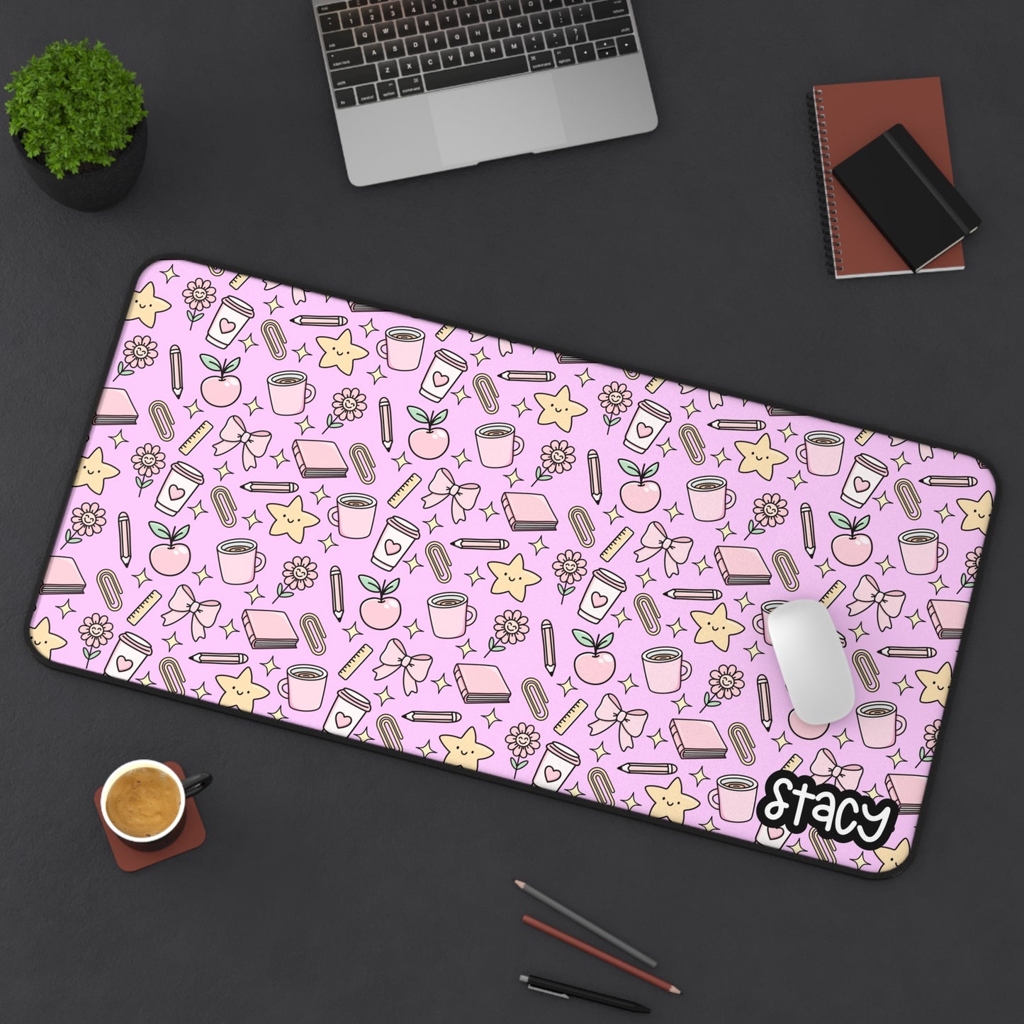 Cute Teacher Themed Desk Mat Pink, Charming Desk Mat with Cute Stationery Design, Office Decor, Custom Desk Accessories, Gift for Students, Aesthetic Work Space