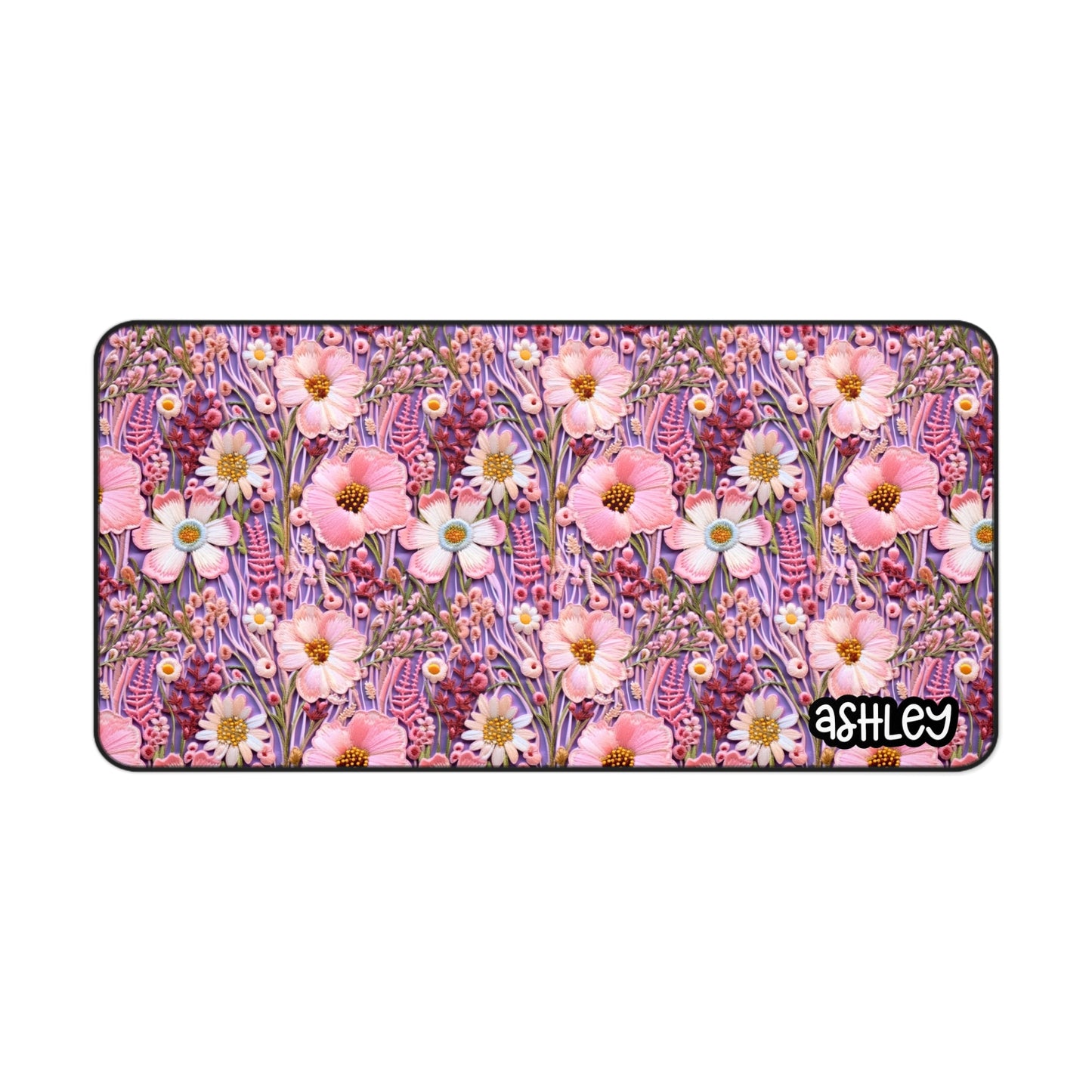Embroidery Style Floral Desk Mat | Pink Flower Mouse Pad, Office Decor, Workspace Accessory, Gift for Her, Gaming Desk Mat