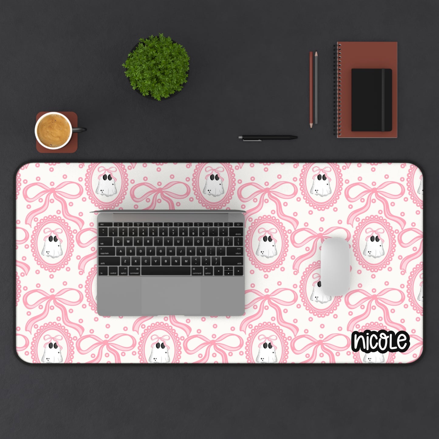 Pink Coquette Ghosty Desk Mat - Sweet Gift for Office Decor, Laptop, Gaming, Home Office, Easter, Spring
