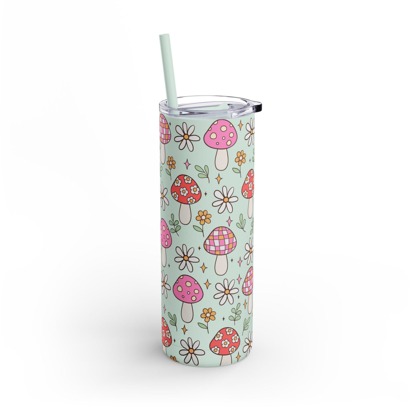 Cute Spring Pink Mushrooms Floral Tumbler - 20oz Seaglass Green