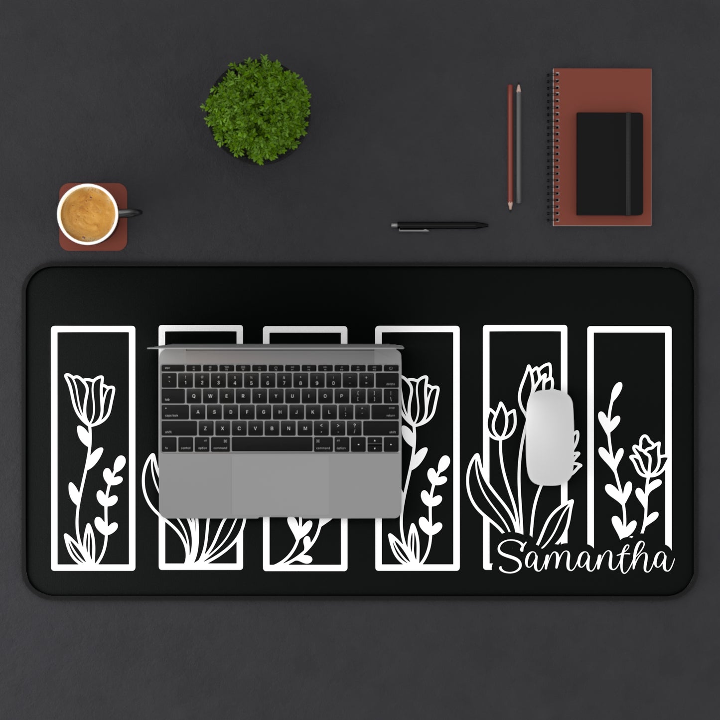 Personalized Black and White Floral Desk Mat | Cute Desk Pad