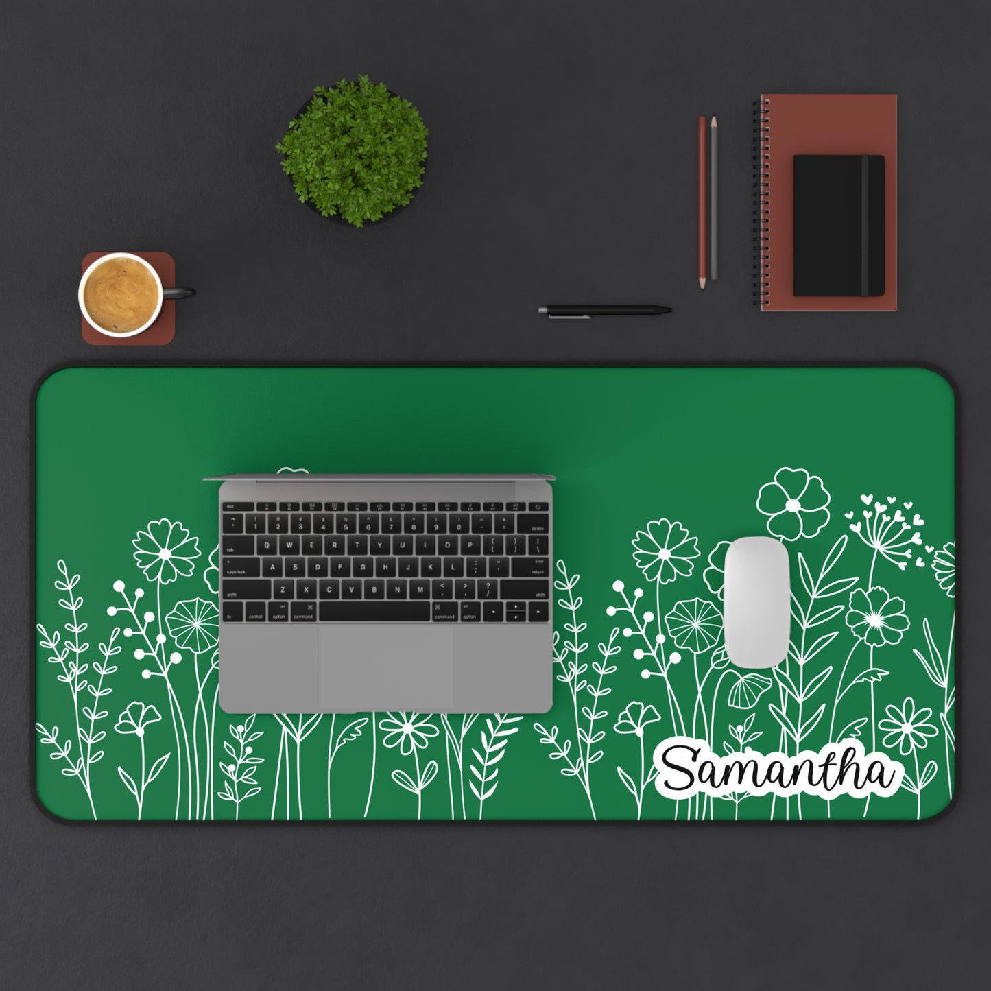 Minimalist Flower Field Personalized Desk Mat Green | Personalized Desk Mat | Cute Desk Pad