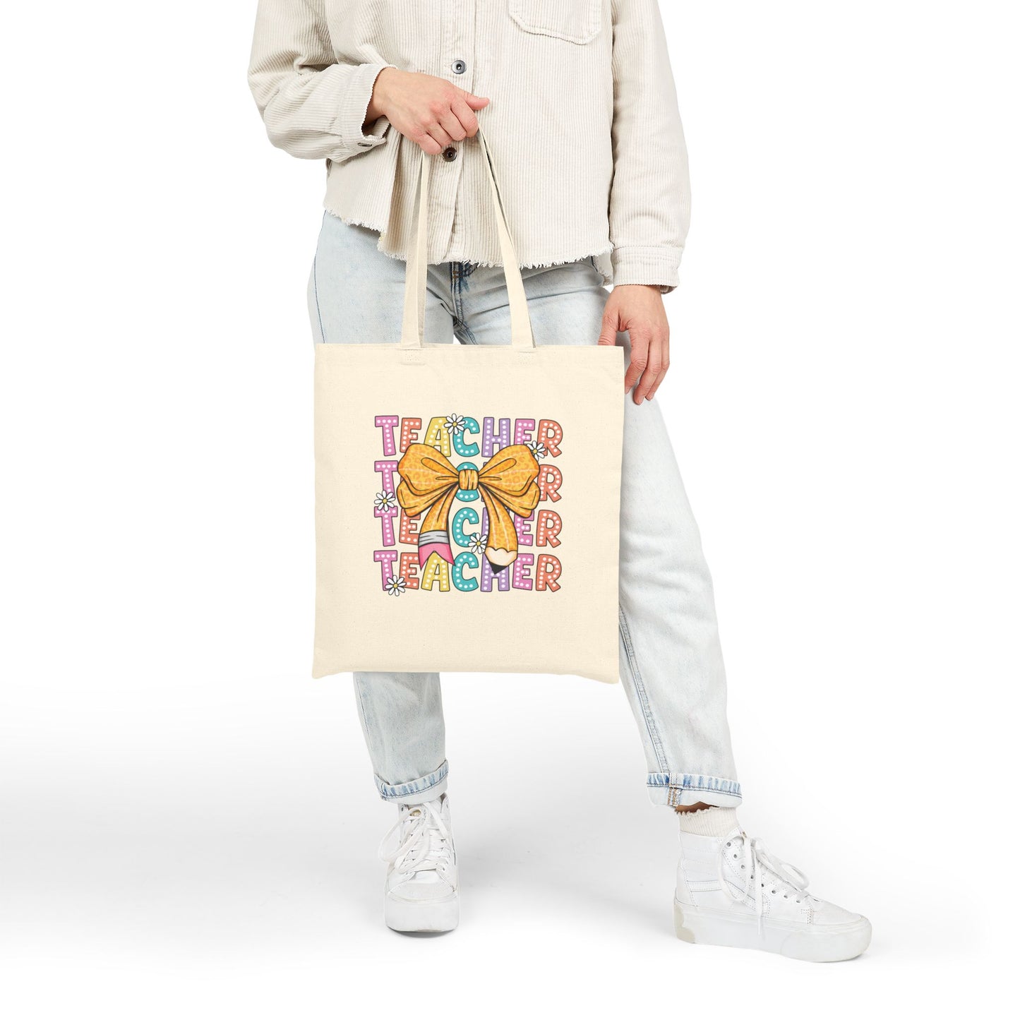 Colorful Teacher Appreciation Tote Bag with Bow Design