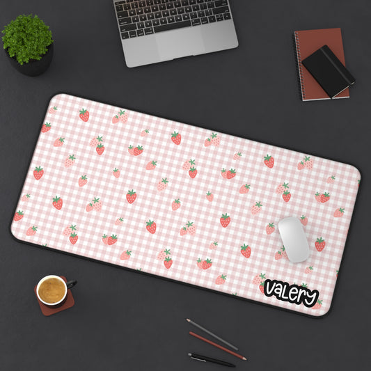 Cute Strawberry Desk Mat, Office Decor, Stationery Gift, Home Office, Floral Desk Accessory, Pink Desk Mat, Stylish Desk Cover