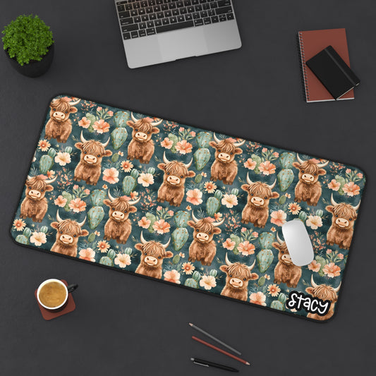 Cute Highland Cow Desk Mat | Floral Mouse Pad, Office Decor, Gift for Cow Lovers, Home Office Accessories, Animal Decor