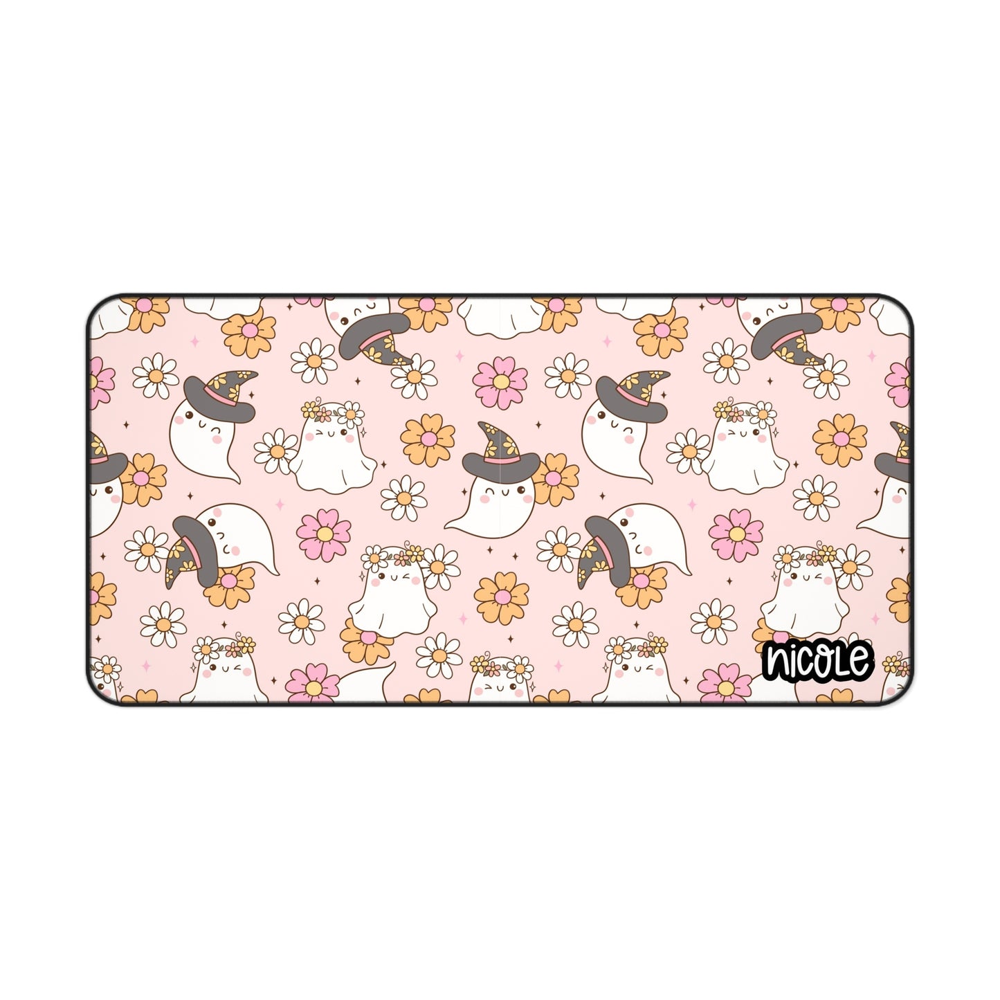 Pink Ghosty Desk Mat, Cute Ghost Desk Mat with Floral Design, Office Decor, Gamer Desk Pad, Personalized Mat, Halloween Gift, Home Office Accessories