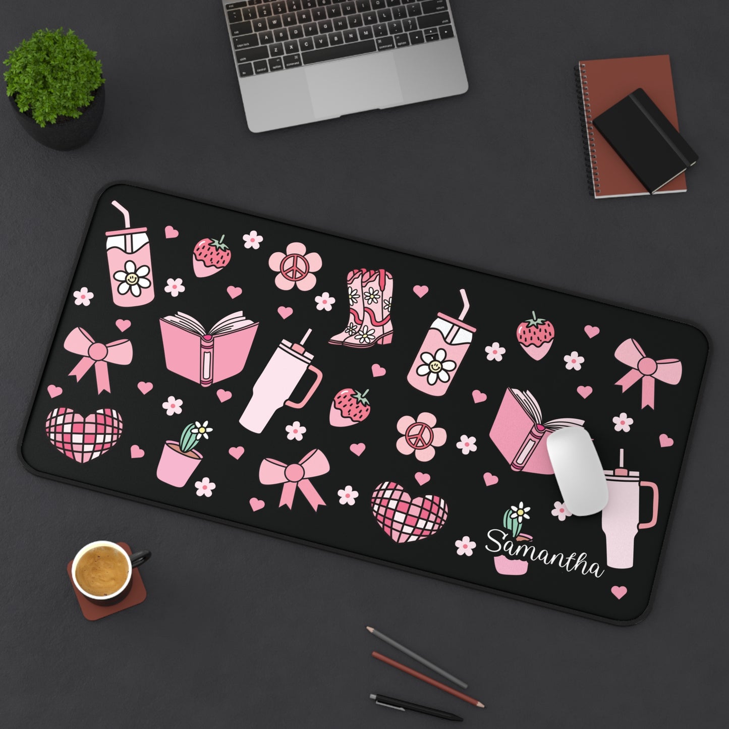 Custom Pink & Black Aesthetic Desk Mat – Personalized Name | Pink Cowgirl Boots, Books, Bows & Blossoms Design
