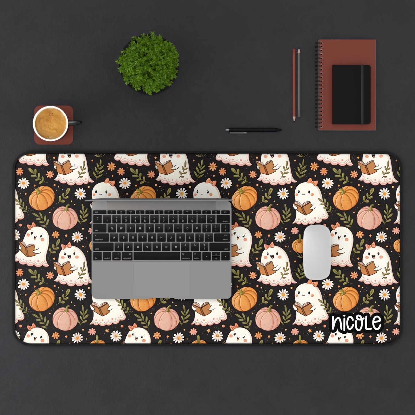 Cute Bookish Ghosty Themed Desk Mat, Cute Halloween Desk Mat with Adorable Ghosts and Pumpkins, Personalized Office Decor, Gamer Gift, Seasonal Home Office Accessory, Fall Vibes
