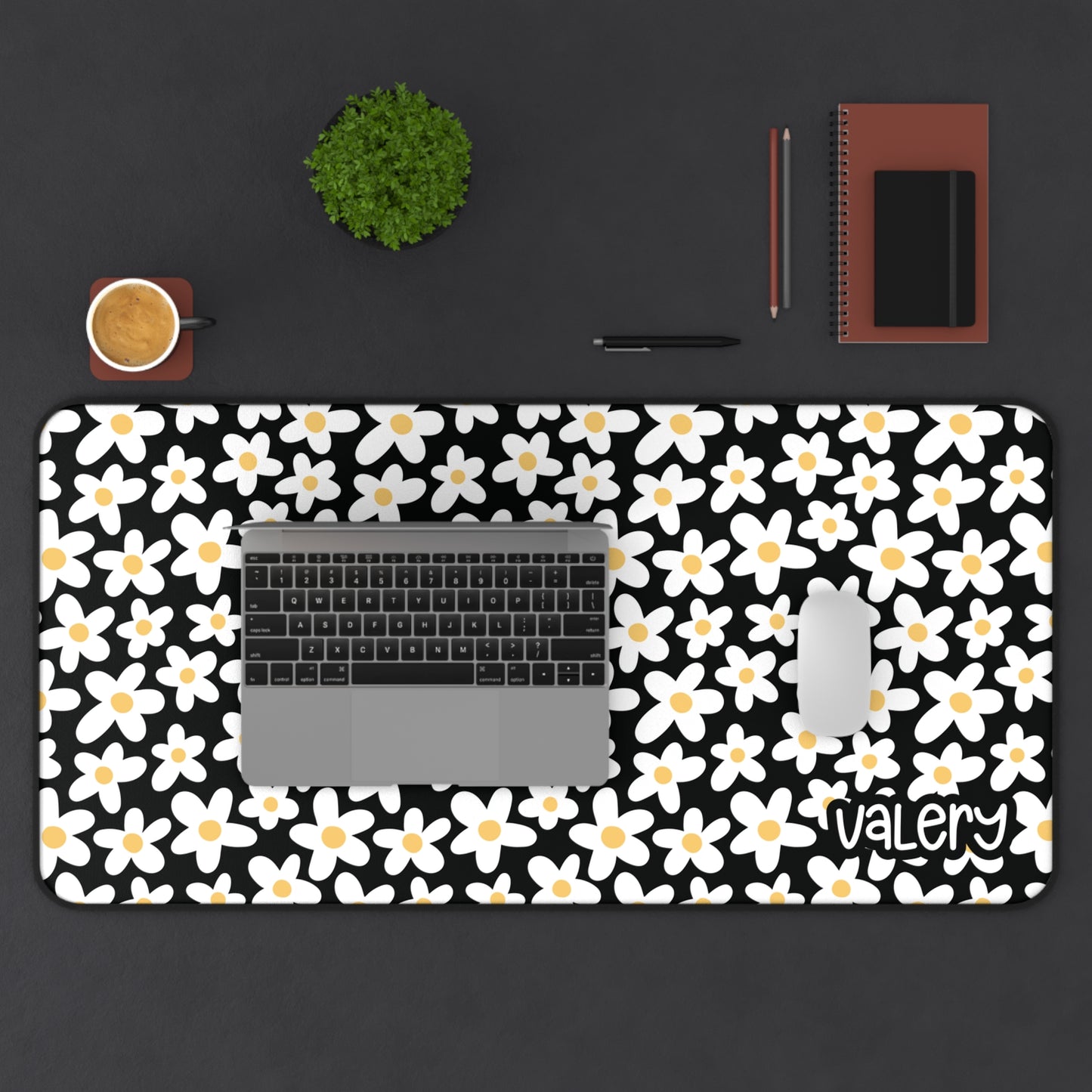Personalized Daisies Floral Desk Mat Black | Cute Desk Pad
