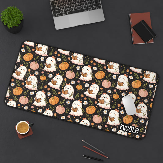 Cute Bookish Ghosty Themed Desk Mat, Cute Halloween Desk Mat with Adorable Ghosts and Pumpkins, Personalized Office Decor, Gamer Gift, Seasonal Home Office Accessory, Fall Vibes