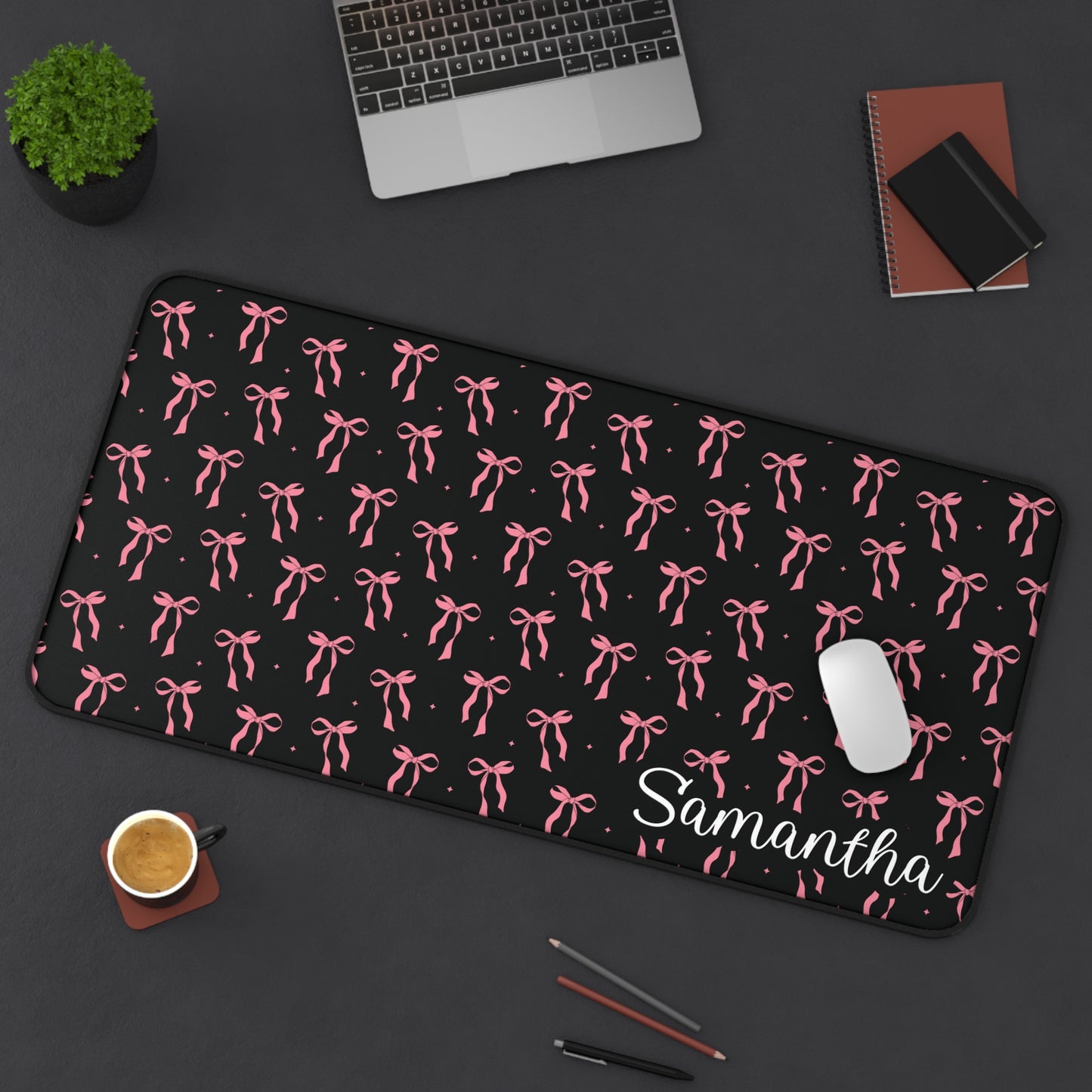 Personalized Coquette Pink Bows Black Desk Mat | Cute Desk Pad