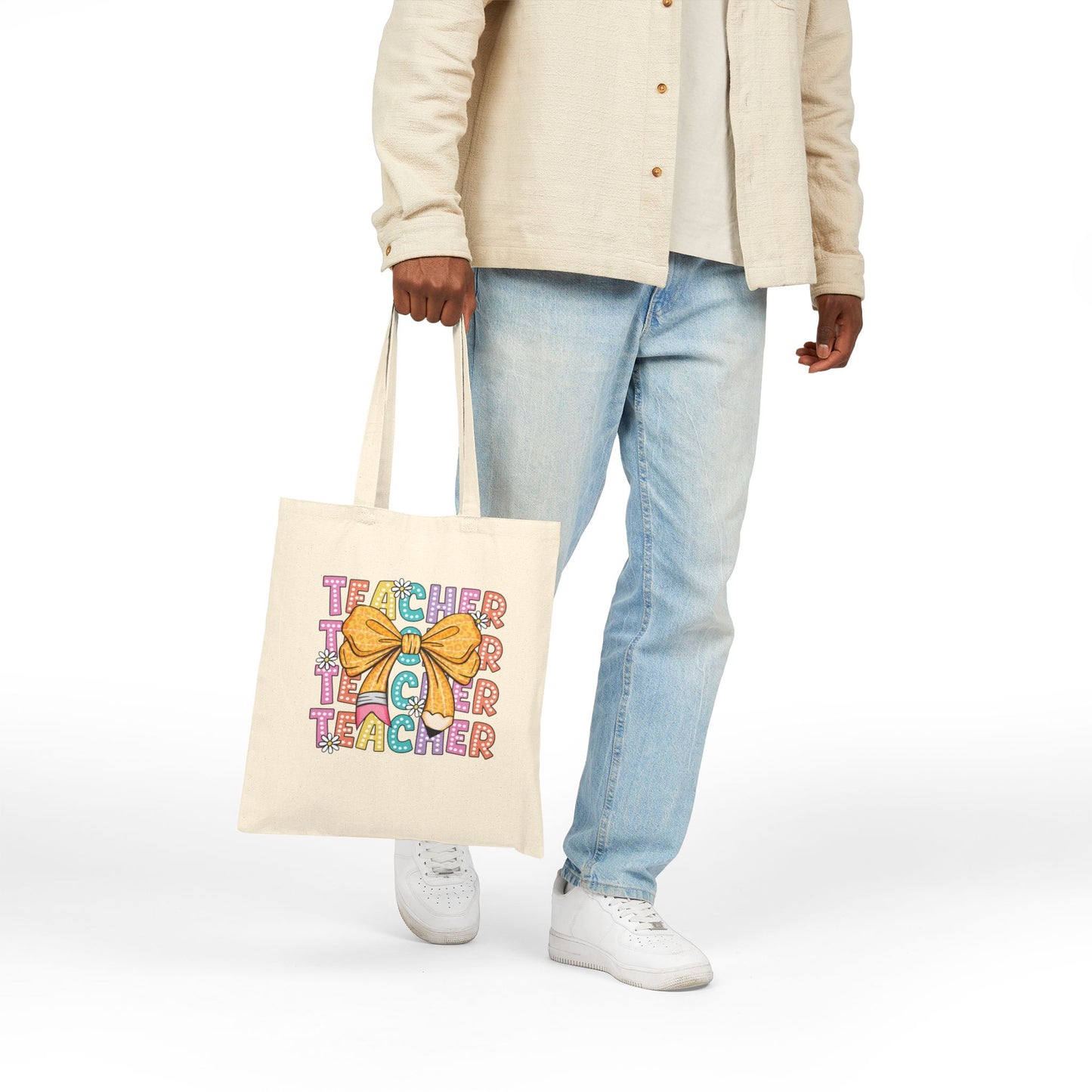 Colorful Teacher Appreciation Tote Bag with Bow Design