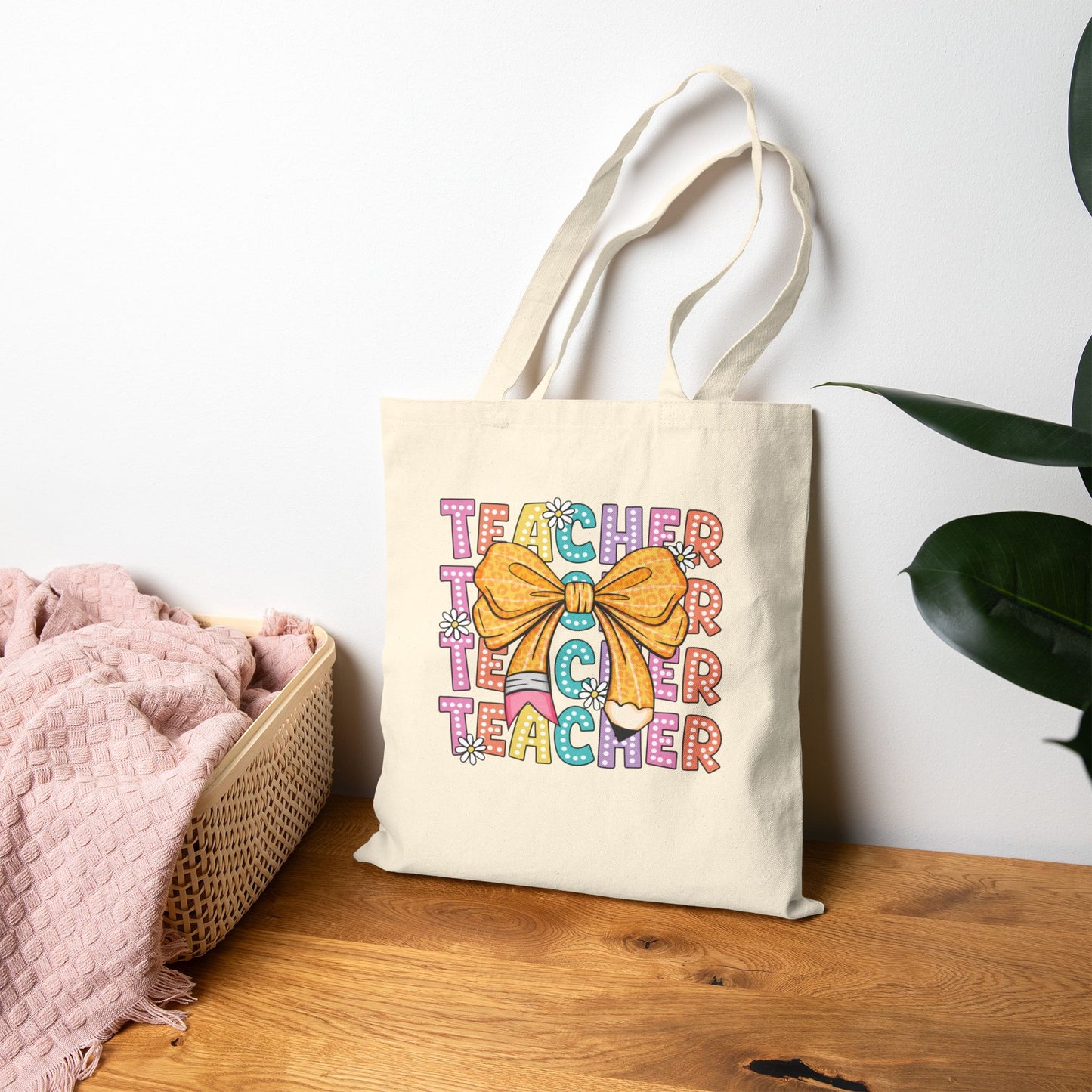 Colorful Teacher Appreciation Tote Bag with Bow Design