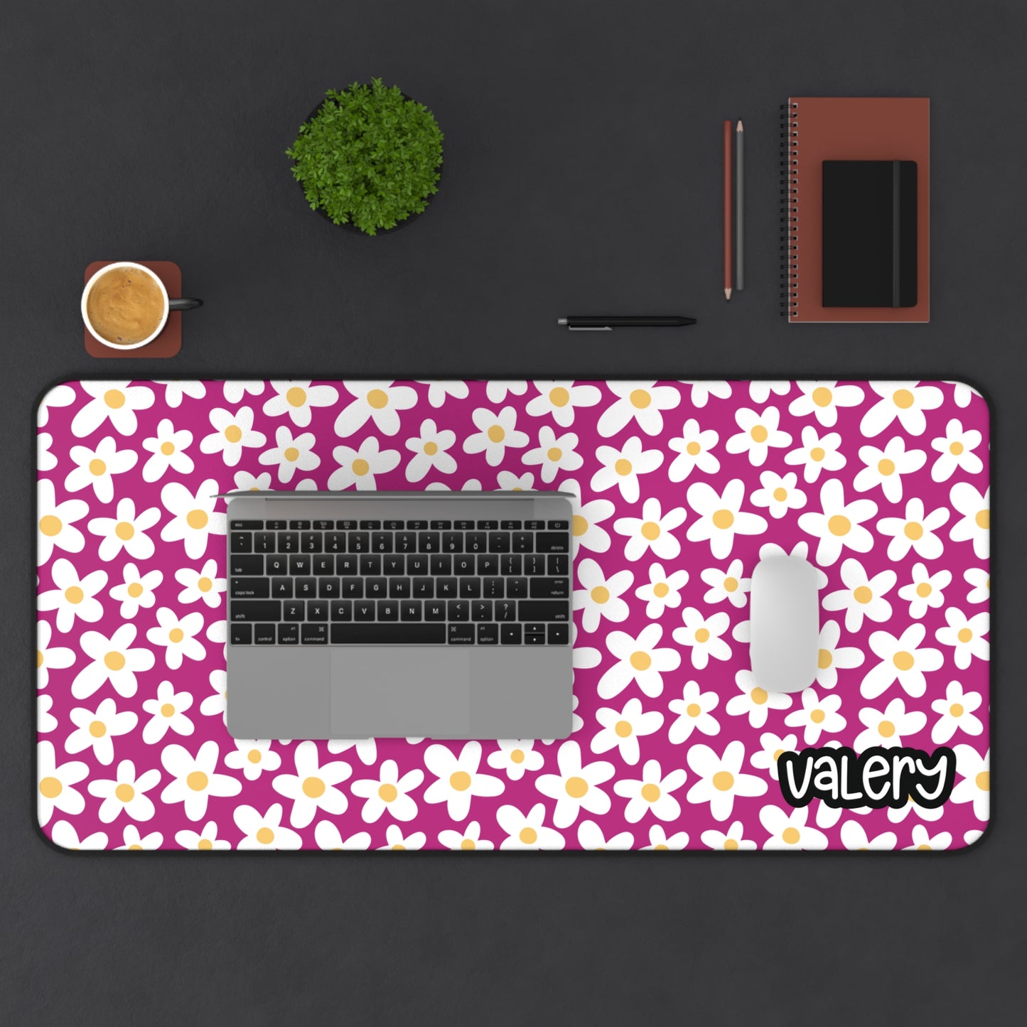 Personalized Cute Daisies Desk Mat Hot Pink | Cute Desk Pad