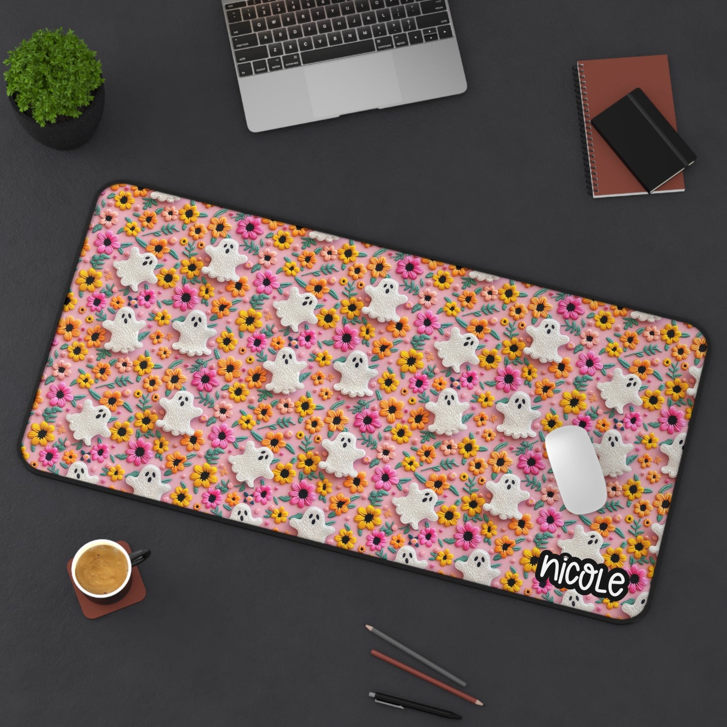 Embroidery Floral Ghost Desk Mat with Personalization, Cute Desk Accessory, Office Decor, Gifts for Her, Halloween Decor, Home Office Essentials